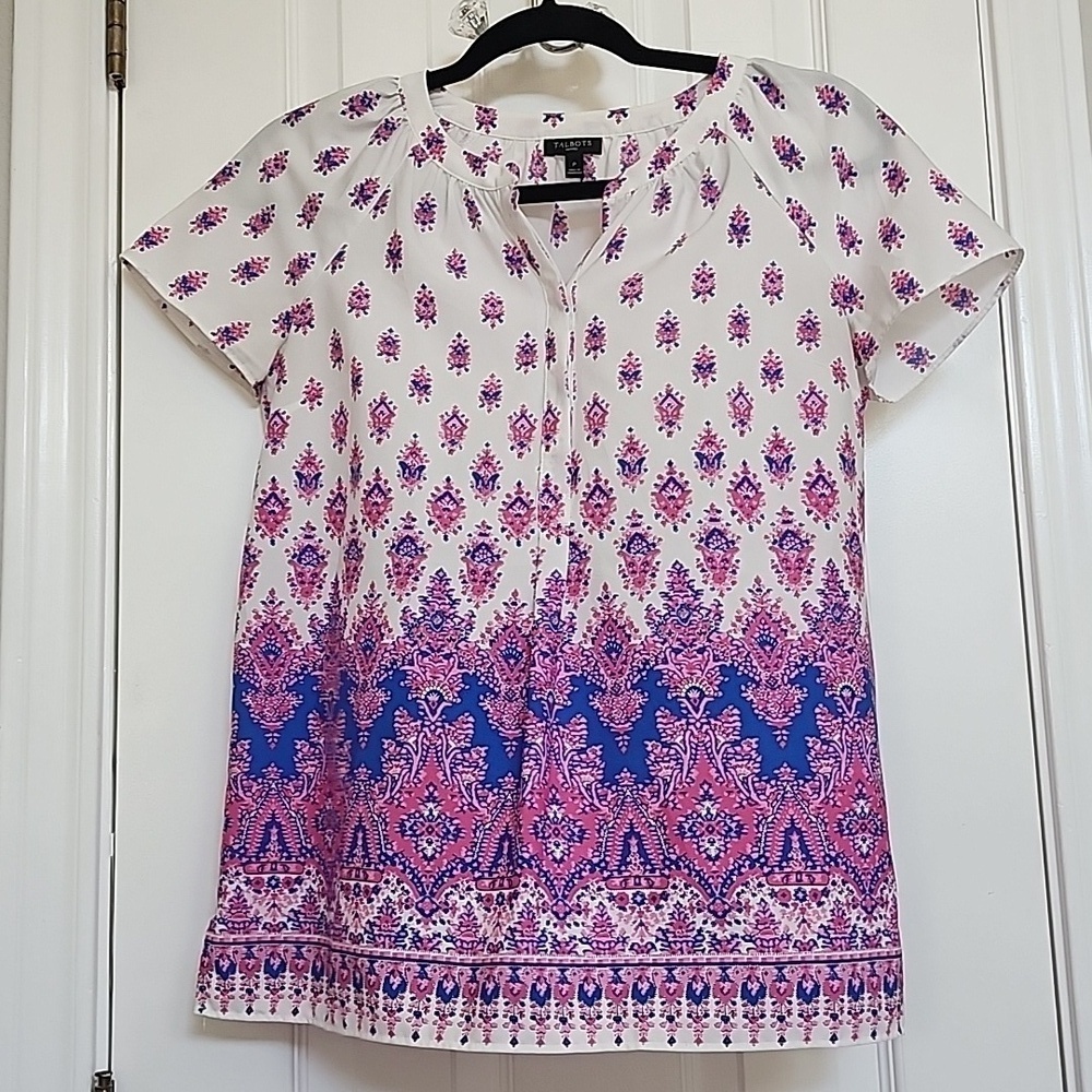 Talbots Purple Pink and White silky Blouse Size Small Petite​​​​​​